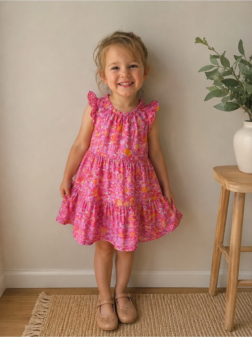 Crewcuts by J Crew - Kids Pink and Orange Sundress with Flutter Sleeves - Picture 1 of 11